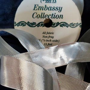 Vintage WFR Fabric Ribbon. SIlver Metalic woven fabric Non-Fray.  7/8" Wide